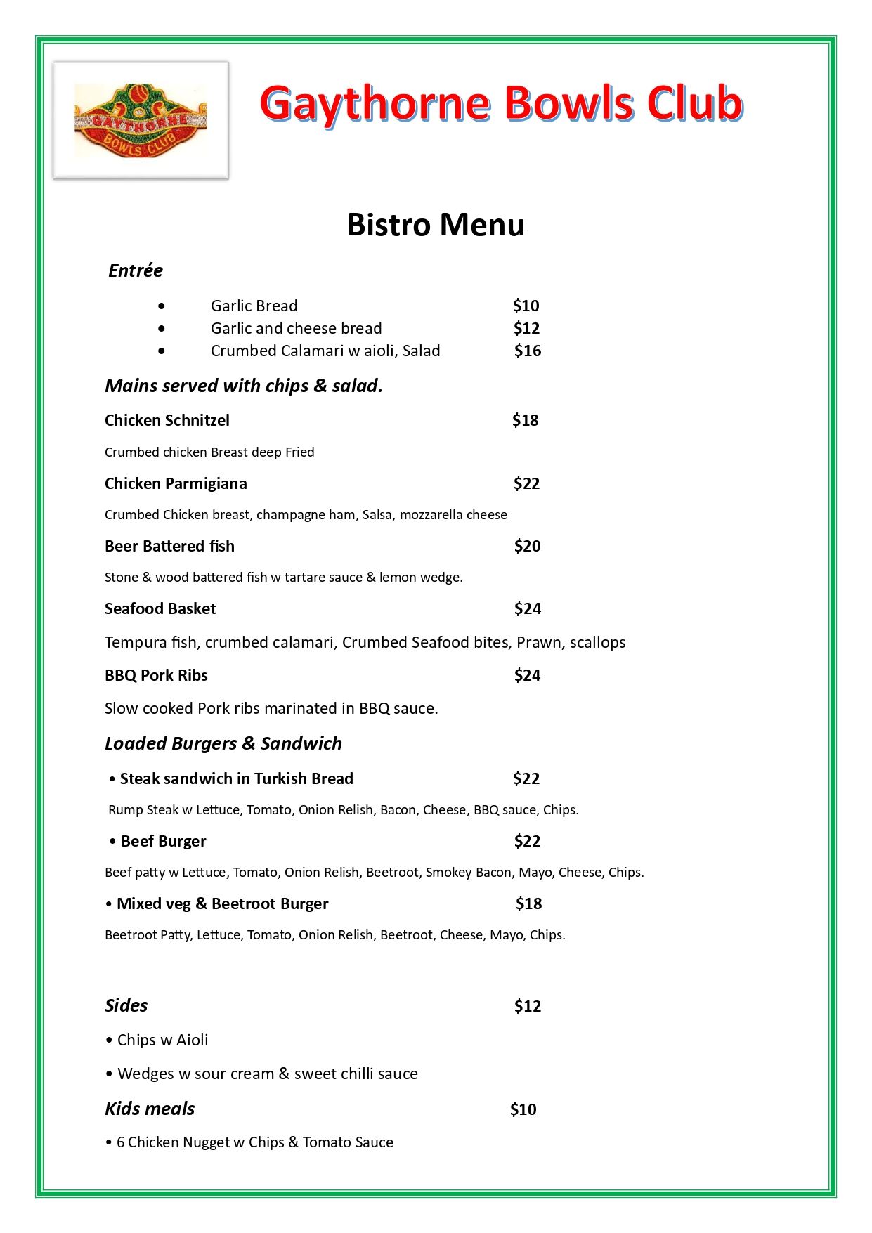 Bistro Menu